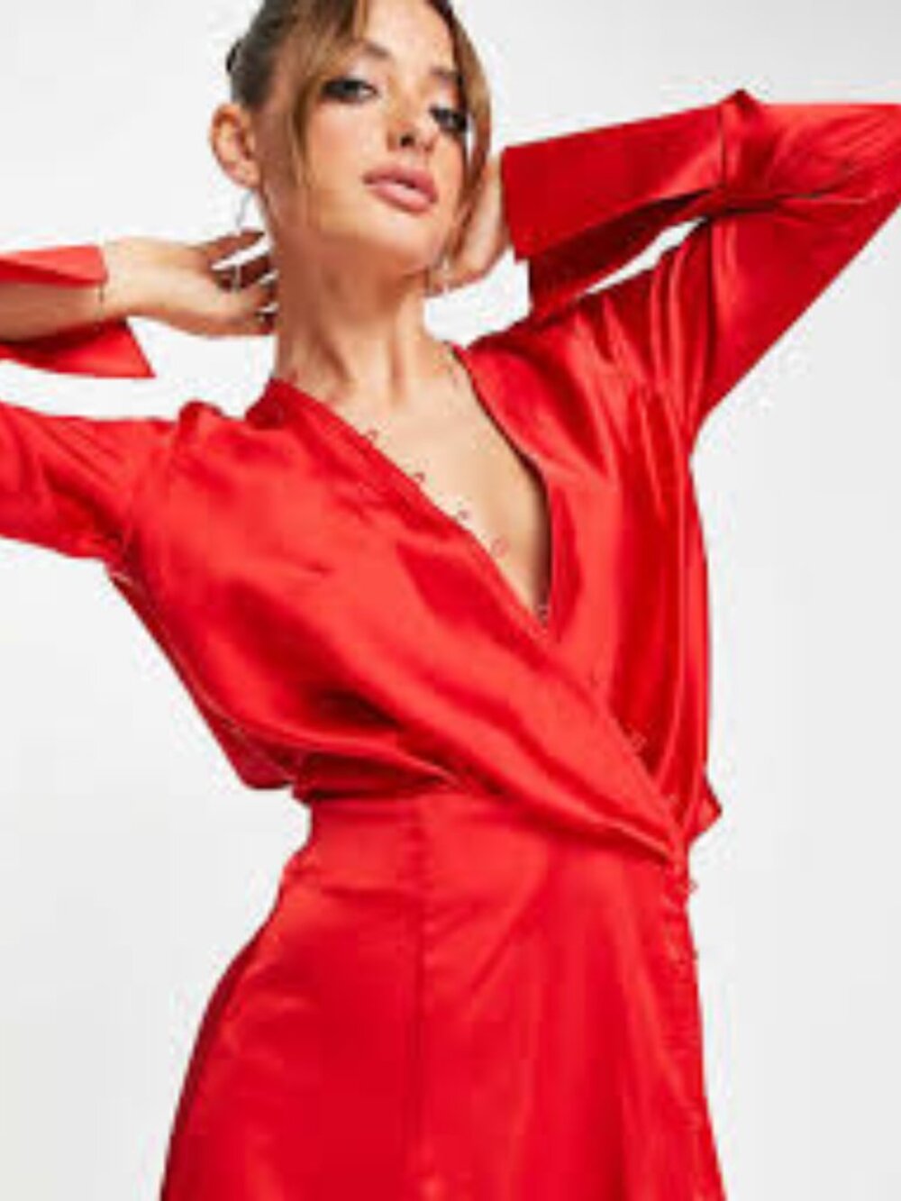 ASOS DESIGN Satin Bias Cut Drape Mini Dress with Button Detail - Red - Size 6